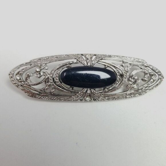 Vintage Black and Silver Tone Oval Shape Brooch, Cabochon Center, Unisex Estate - Picture 6 of 6